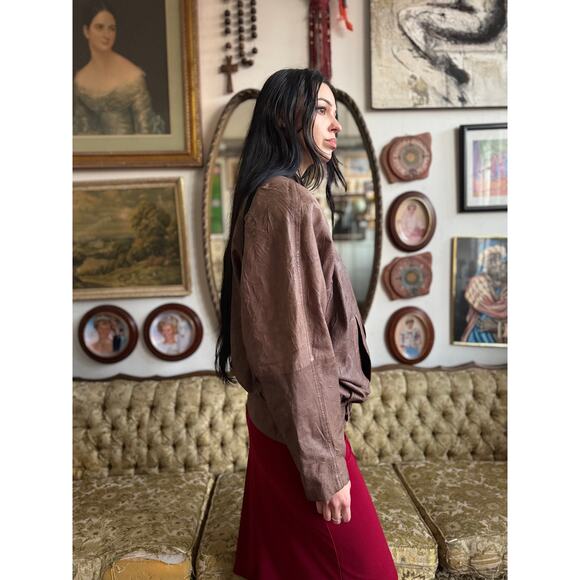 Vintage Express Textured Brown Leather Bomber Oversized Jacket Ladies Medium - Picture 3 of 9